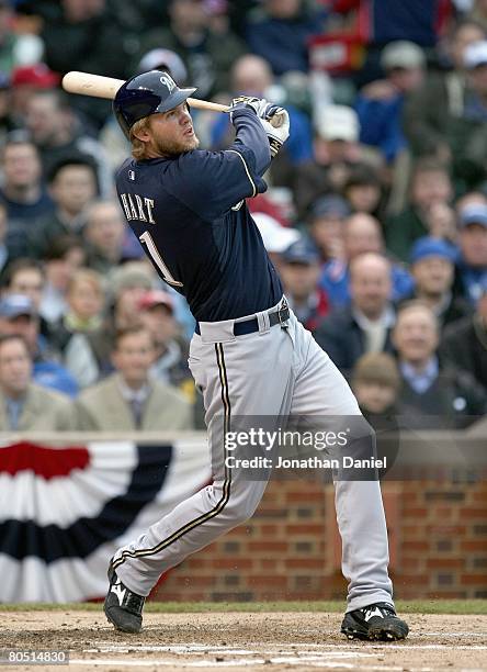 Corey Hart of the Milwaukee Brewers swings at the pitch against the Chicago Cubs during the Opening Day game on March 31, 2008 at Wrigley Field in...