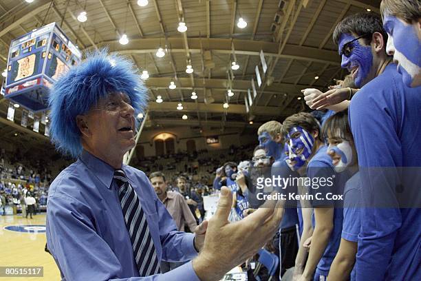 Sports commentator Dick Vitale greets the Cameron Crazies before the game between the Duke Blue Devils and the North Carolina Tar Heels at Cameron...