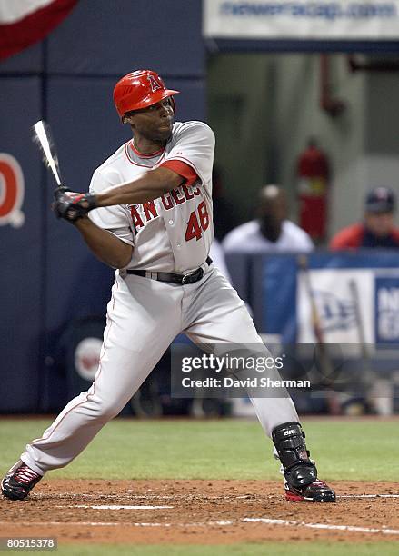 Torii Hunter of the Los Angeles Angels of Anaheim swings at the pitch against the Minnesota Twins during Opening Day on March 31, 2008 at the Hubert...