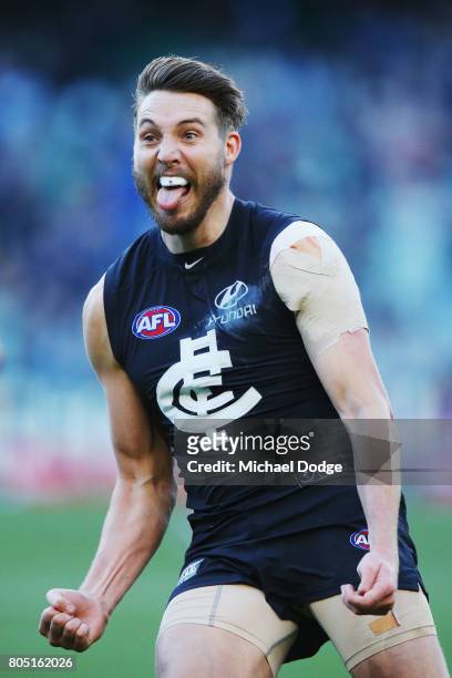 Dale Thomas of the Blues celebrates a goal during the round 15 AFL match between the Carlton Blues and the Adelaide Crows at Melbourne Cricket Ground...