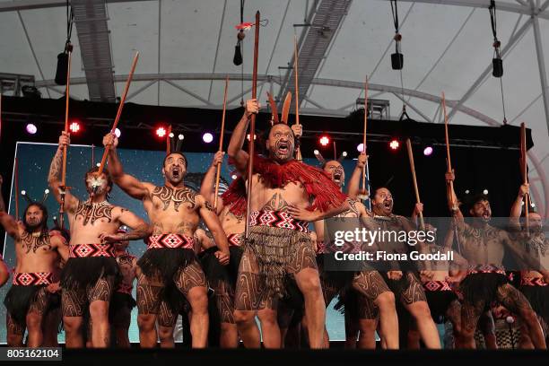 Te Waka Huia of Auckland perfom during Te Taumata Kapa Haka at The Cloud on July 1, 2017 in Auckland, New Zealand. The Matariki Festival is an annual...