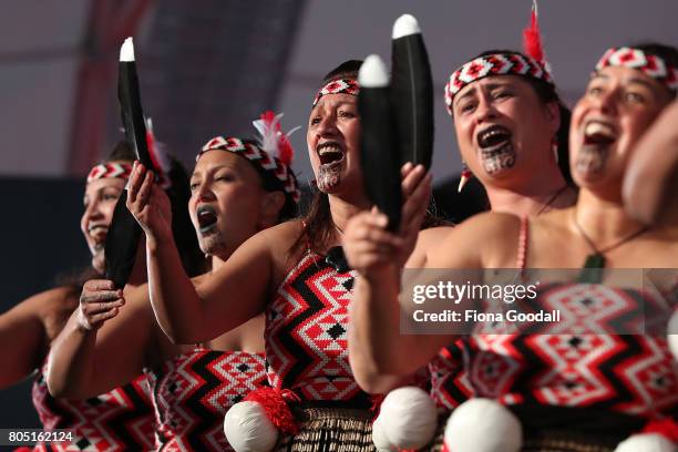 Te Waka Huia of Auckland perfom during Te Taumata Kapa Haka at The Cloud on July 1, 2017 in Auckland, New Zealand. The Matariki Festival is an annual...