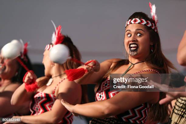 Te Waka Huia of Auckland perfom during Te Taumata Kapa Haka at The Cloud on July 1, 2017 in Auckland, New Zealand. The Matariki Festival is an annual...