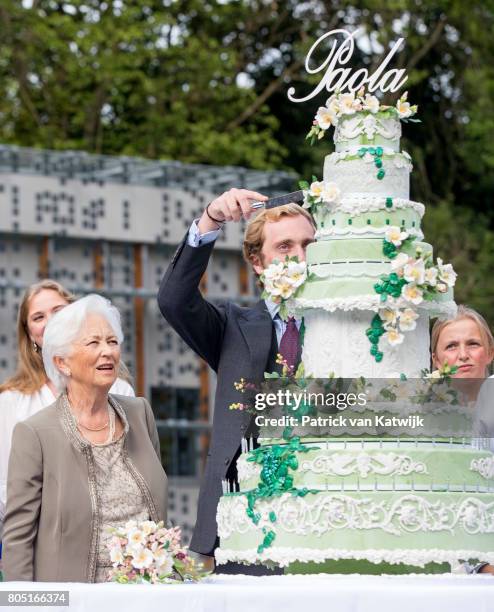 Queen Paola, Prince Joachim and Princess Louise of Belgium attend the 80th birthday celebrations of Belgian Queen Paola on June 29, 2017 in Waterloo,...