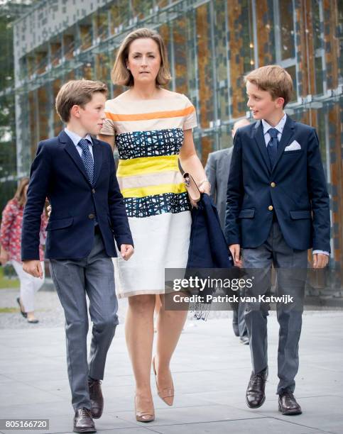 Princess Claire, Prince Aymeric and Prince Nicolas of Belgium attend the 80th birthday celebrations of Belgian Queen Paola on June 29, 2017 in...