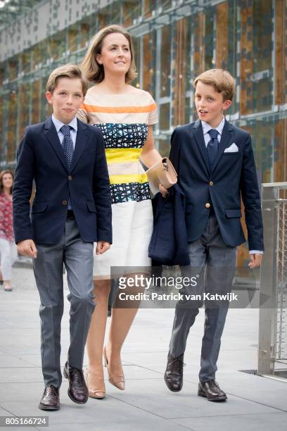 Princess Claire, Prince Aymeric and Prince Nicolas of Belgium attend the 80th birthday celebrations of Belgian Queen Paola on June 29, 2017 in...