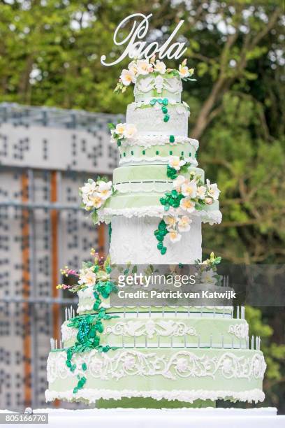 Bithday cake at the 80th birthday celebrations of Belgian Queen Paola on June 29, 2017 in Waterloo, Belgium. The celebration is organized by the...