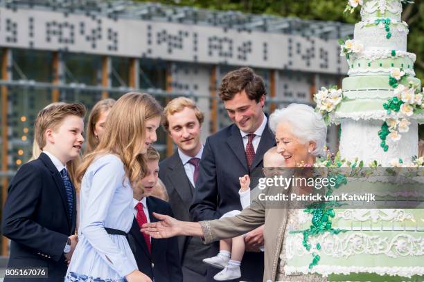 Queen Paola with her grand children Crown Princess Elisabeth, Prince Gabriel, Prince Emmanuel, Princess Eleonore, Prince Amedeo with his wife Lili...