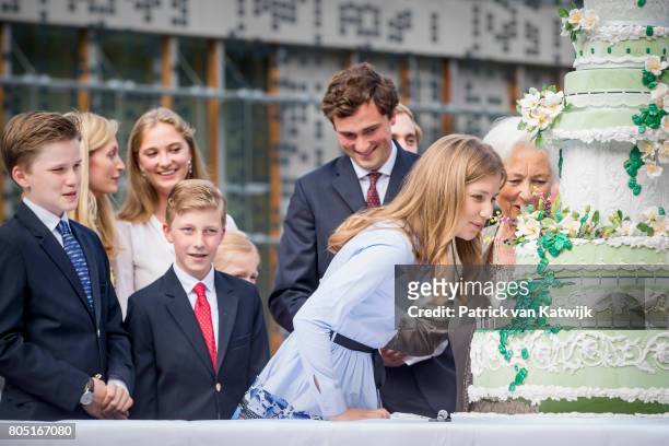 Queen Paola with her grand children Crown Princess Elisabeth, Prince Gabriel, Prince Emmanuel, Princess Eleonore, Prince Amedeo with his wife Lili...