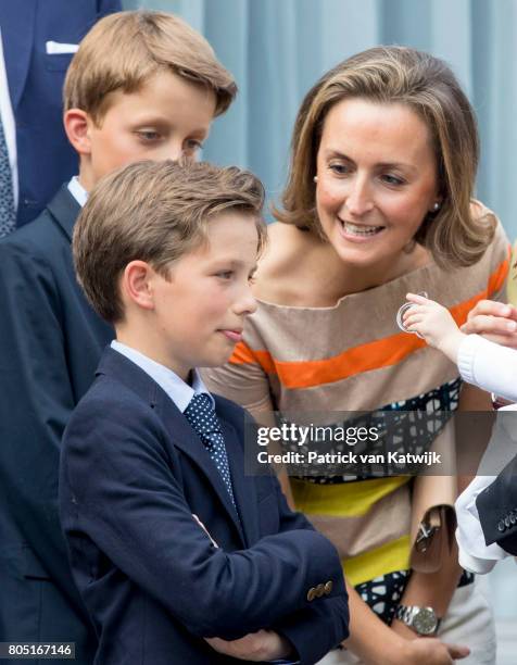 Princess Claire, Prince Aymeric and Prince Nicolas of Belgium attend the 80th birthday celebrations of Belgian Queen Paola on June 29, 2017 in...