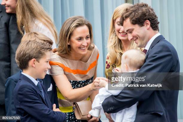Prince Amedeo with his daughter Anna Astrid and his wife Lili, Princess Claire, Prince Aymeric and Prince Nicolas of Belgium attend the 80th birthday...