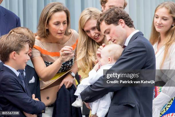 Prince Amedeo with his daughter Anna Astrid and his wife Lili, Princess Claire, Prince Aymeric and Prince Nicolas of Belgium attend the 80th birthday...