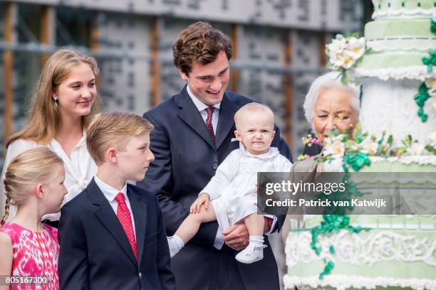 Queen Paola, Prince Amedeo, Anna Astrid, Prince Gabriel, Princess Eleonore and Princess Luisa Maria of Belgium attend the 80th birthday celebrations...