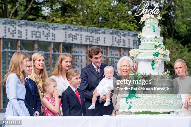 Queen Paola with her grand children Crown Princess Elisabeth, Prince Gabriel, Prince Emmanuel, Princess Eleonore, Prince Amedeo with his wife Lili...