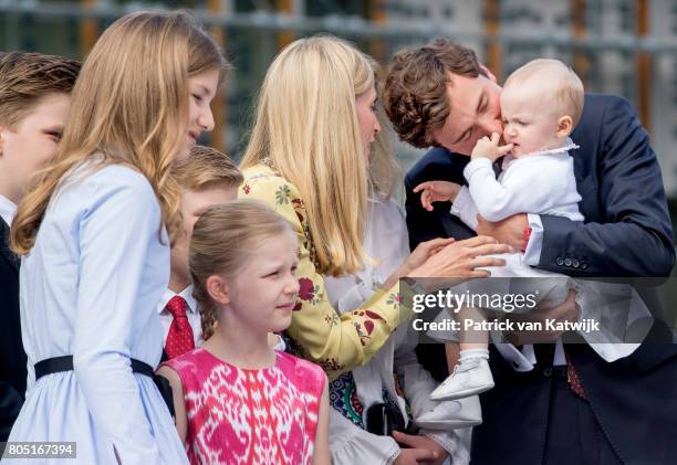 Prince Amedeo with his daughter Anna Astrid and wife Lili, Princess Elisabeth, Prince Emmanuel and Princess Eleonore of Belgium attend the 80th...