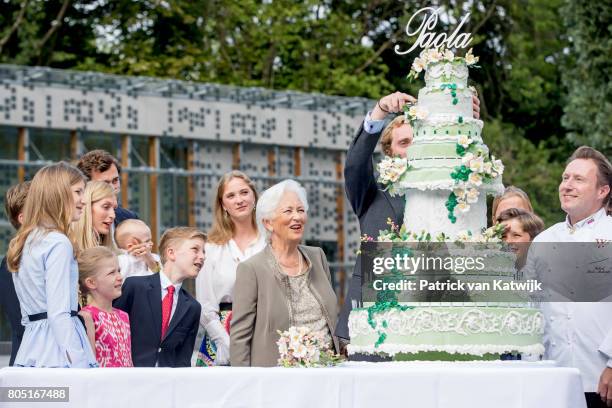 Queen Paola with her grand children Crown Princess Elisabeth, Prince Gabriel, Prince Emmanuel, Princess Eleonore, Prince Amedeo with his wife Lili...