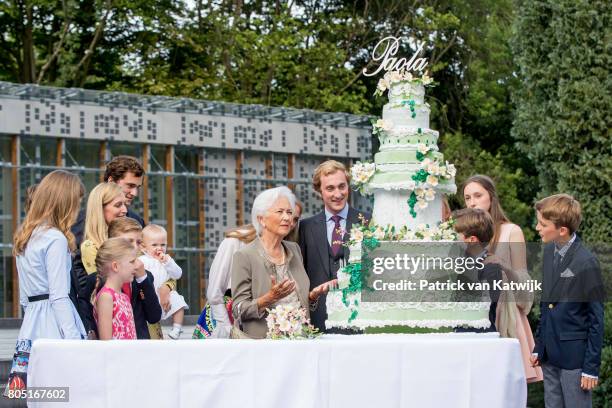 Queen Paola with her grand children Crown Princess Elisabeth, Prince Gabriel, Prince Emmanuel, Princess Eleonore, Prince Amedeo with his wife Lili...