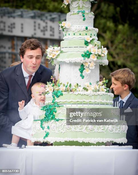 Prince Amedeo with his daughter Anna Astrid and Prince Aymeric of Belgium attend the 80th birthday celebrations of Belgian Queen Paola on June 29,...