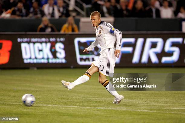 David Beckham of LA Galaxy fires a shot for goal against the San Jose Earthquakes during the game at Home Depot Center on April 3, 2008 in Carson,...