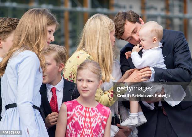 Prince Amedeo with his daughter Anna Astrid and wife Lili, Princess Elisabeth, Prince Emmanuel and Princess Eleonore of Belgium attend the 80th...