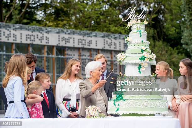 Queen Paola with her grand children Crown Princess Elisabeth, Prince Gabriel, Prince Emmanuel, Princess Eleonore, Prince Amedeo with his wife Lili...