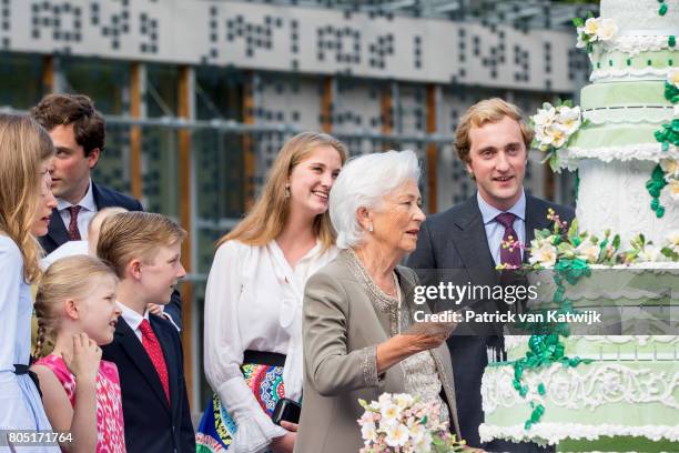 Queen Paola with her grand children Crown Princess Elisabeth, Prince Gabriel, Prince Emmanuel, Princess Eleonore, Prince Amedeo with his wife Lili...