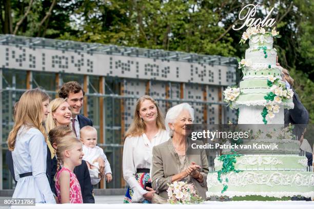 Queen Paola with her grand children Crown Princess Elisabeth, Prince Gabriel, Prince Emmanuel, Princess Eleonore, Prince Amedeo with his wife Lili...