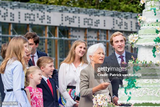 Queen Paola with her grand children Crown Princess Elisabeth, Prince Gabriel, Prince Emmanuel, Princess Eleonore, Prince Amedeo with his wife Lili...