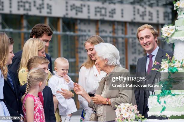 Queen Paola with her grand children Crown Princess Elisabeth, Prince Gabriel, Prince Emmanuel, Princess Eleonore, Prince Amedeo with his wife Lili...