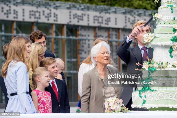 Queen Paola with her grand children Crown Princess Elisabeth, Prince Gabriel, Prince Emmanuel, Princess Eleonore, Prince Amedeo with his wife Lili...