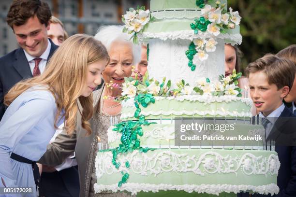 Prince Amedeo, Queen Paola, Crown Princess Elisabeth, Prince Nicolas of Belgium attend the 80th birthday celebrations of Belgian Queen Paola on June...