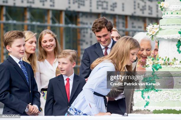 Queen Paola, Crown Princess Elisabeth, Prince Gabriel, Prince Emmanuel, Prince Amedeo, Lili and Princess Luisa Maria of Belgium attend the 80th...