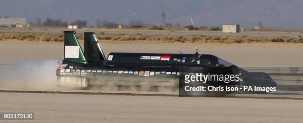 Charles Burnett III drives The British Steam Car across Rogers Dry Lake on Edwards Air Force Base in the Mojave Desert, California, USA during his...