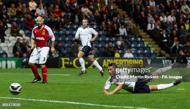 Preston's Barry Nicholson scores his sides third goal of the game during the Carling Cup First Round match at Deepdale, Preston.