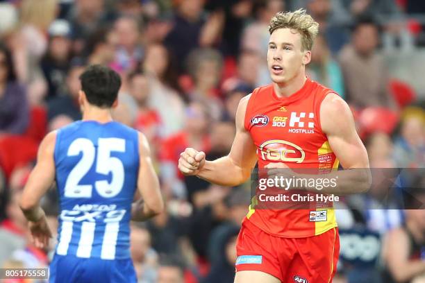 Tom Lynch of the Suns celebrates a goal during the round 15 the Gold Coast Suns and the North Melbourne Kangaroos at Metricon Stadium on July 1, 2017...