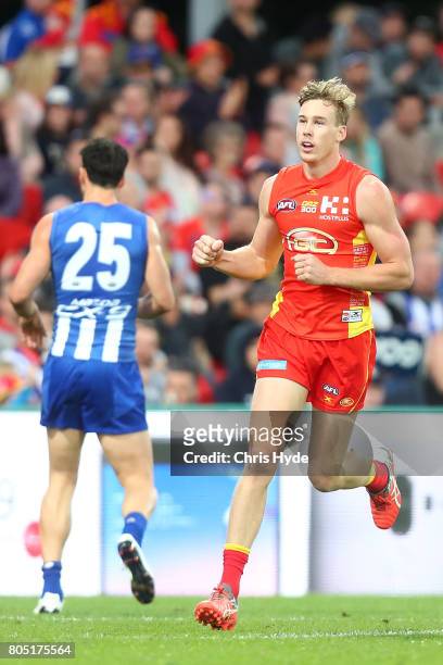 Tom Lynch of the Suns celebrates a goal during the round 15 the Gold Coast Suns and the North Melbourne Kangaroos at Metricon Stadium on July 1, 2017...