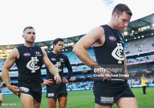 Sam Docherty of the Blues looks dejected after defeat during the round 15 AFL match between the Carlton Blues and the Adelaide Crows at Melbourne...