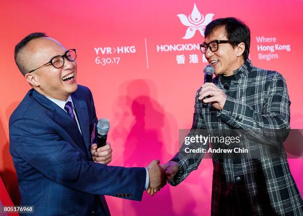 Chief Marketing Officer of Hong Kong Airlines George Liu moderates a conversation with actor & martial artist Jackie Chan during the media Q&A...