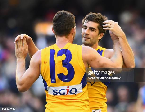 Luke Shuey and Andrew Gaff of the Eagles celebrate winning during the round 15 AFL match between the Western Bulldogs and the West Coast Eagles at...