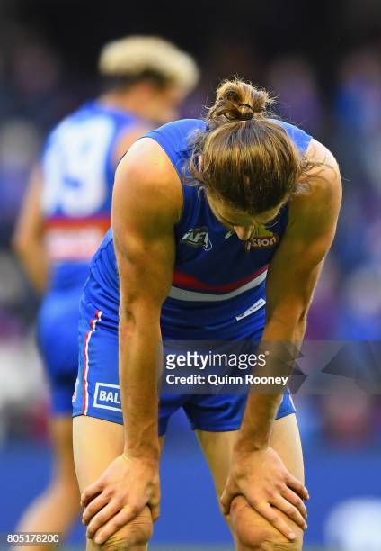 Marcus Bontempelli of the Bulldogs looks dejected after losing the round 15 AFL match between the Western Bulldogs and the West Coast Eagles at...
