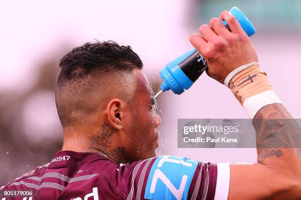 Addin Fonua-Blake of the Sea Eagles warms up before the round 17 NRL match between the Manly Sea Eagles and the New Zealand Warriors at nib Stadium...