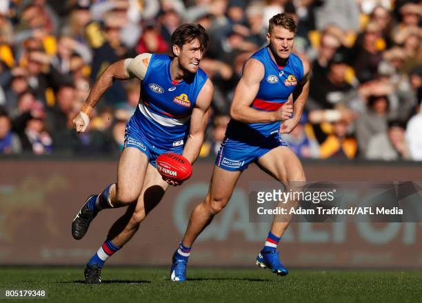 Tom Campbell of the Bulldogs in action during the 2017 AFL round 15 match between the Western Bulldogs and the West Coast Eagles at Etihad Stadium on...