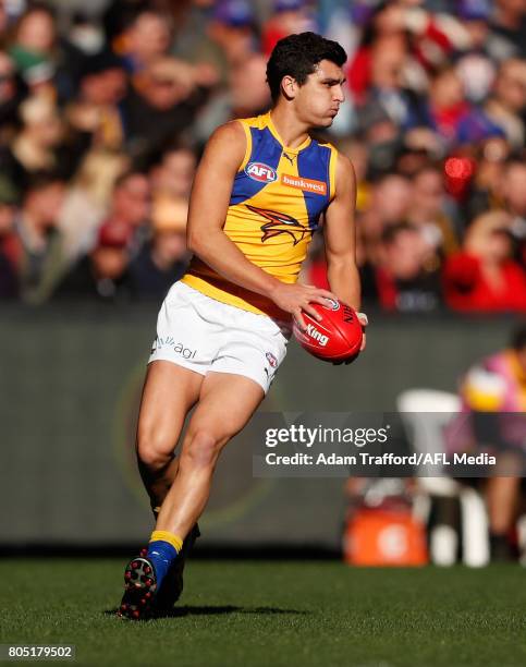 Tom Cole of the Eagles in action during the 2017 AFL round 15 match between the Western Bulldogs and the West Coast Eagles at Etihad Stadium on July...