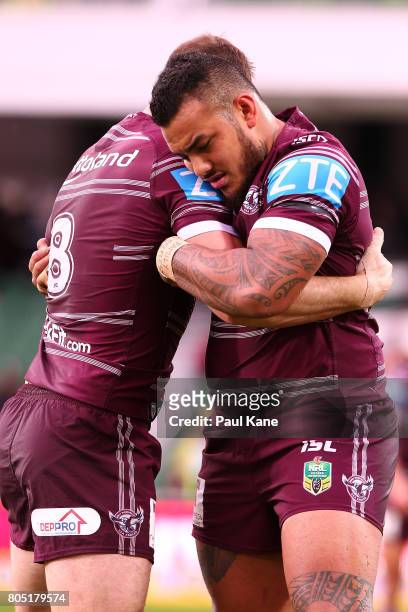 Brenton Lawrence and Addin Fonua-Blake of the Sea Eagles warm up before the round 17 NRL match between the Manly Sea Eagles and the New Zealand...