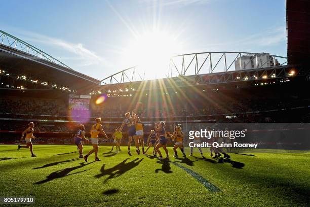 Jordan Roughead of the Bulldogs and Jeremy McGovern of the Eagles compete in the ruck during the round 15 AFL match between the Western Bulldogs and...