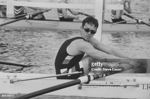 Sculler goes through his paces at the Henley regatta at Henley-on-Thames, 2nd July 1997.