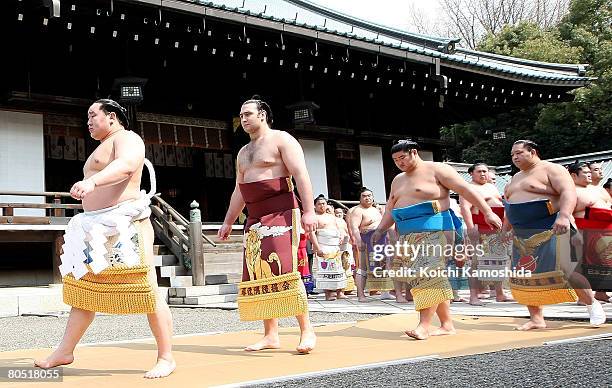 Sumo wrestlers line up before Yasukuni Shrine Dedication Sumo Tournament at Yasukuni Shrine on April 4, 2008 in Tokyo, Japan. Yasukuni Shrine is...