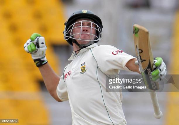 APRIl 4: AB de Villiers celebrates his 200 runs during Day 2 of the second test match between India and South Africa held at Sardar Patel Gujarat...