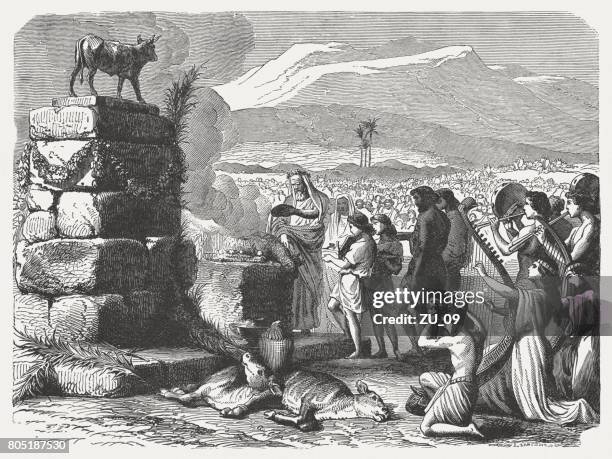 worship of the golden calf (exodus 32), published in 1886 - idols stock illustrations