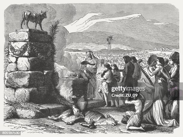 worship of the golden calf (exodus 32), published in 1886 - animal sacrifice stock illustrations